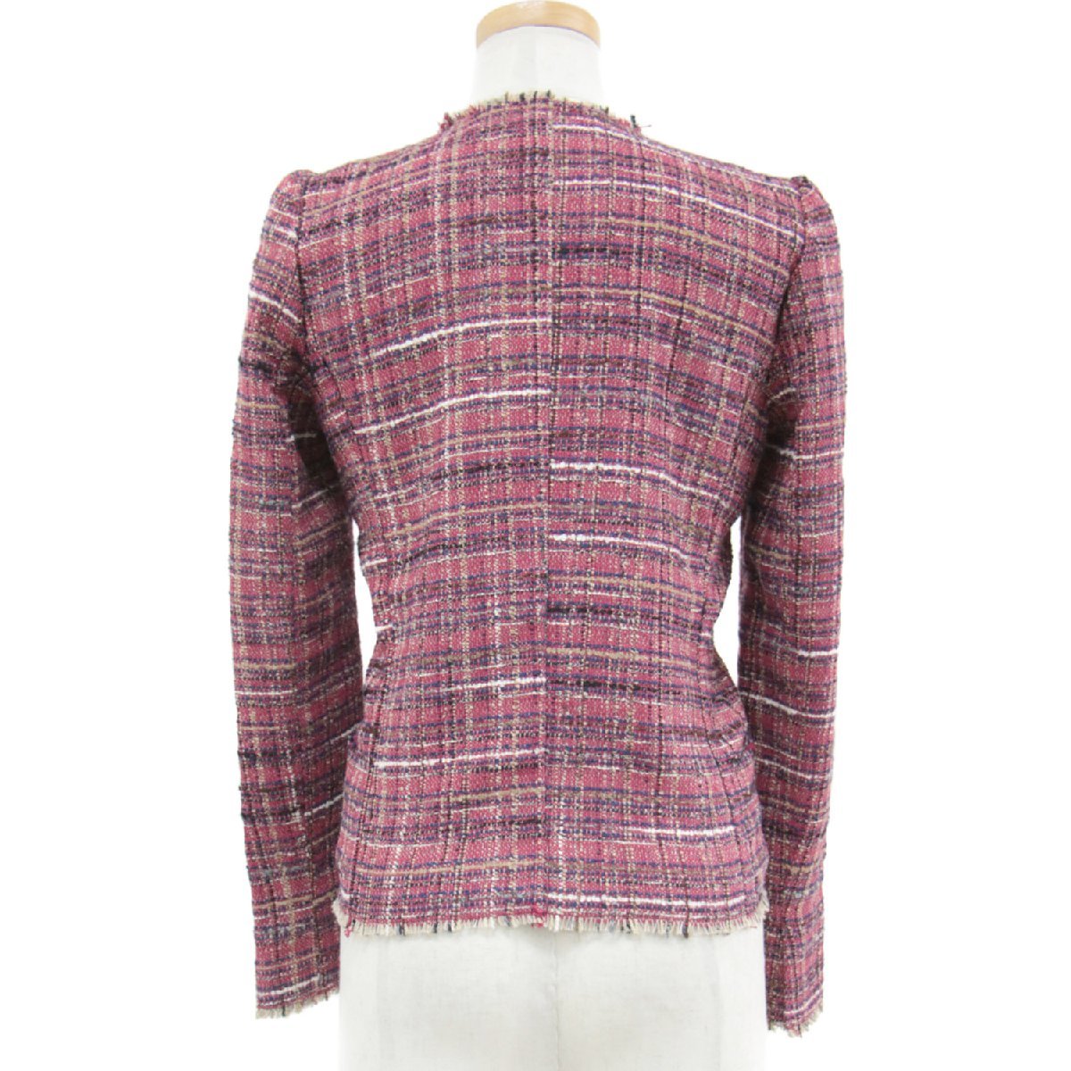 ISABEL MARANT ETOILE イザベルマラン エトワール ジャケット アウター レッド系 赤 36(S) ノーカラー ツイード チェック フリンジ_画像2