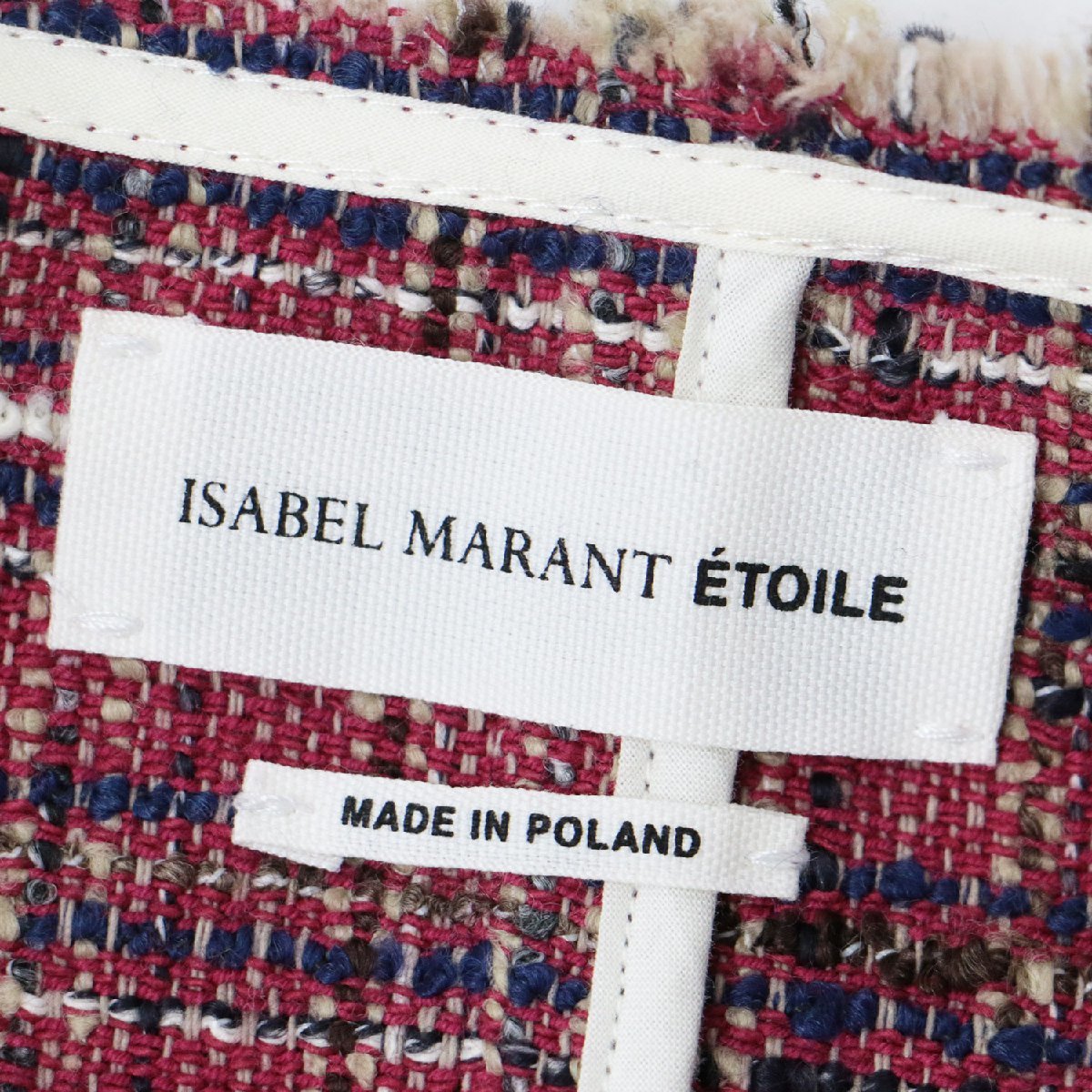 ISABEL MARANT ETOILE イザベルマラン エトワール ジャケット アウター レッド系 赤 36(S) ノーカラー ツイード チェック フリンジ_画像3