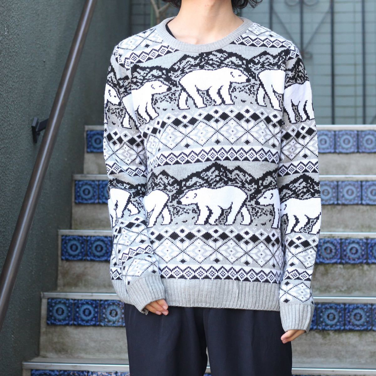 USA VINTAGE boohoo WHITE BEAR DESIGN NORDIC PATTERNED OVER  KNIT/アメリカ古着白くまデザインノルディック柄オーバーニット