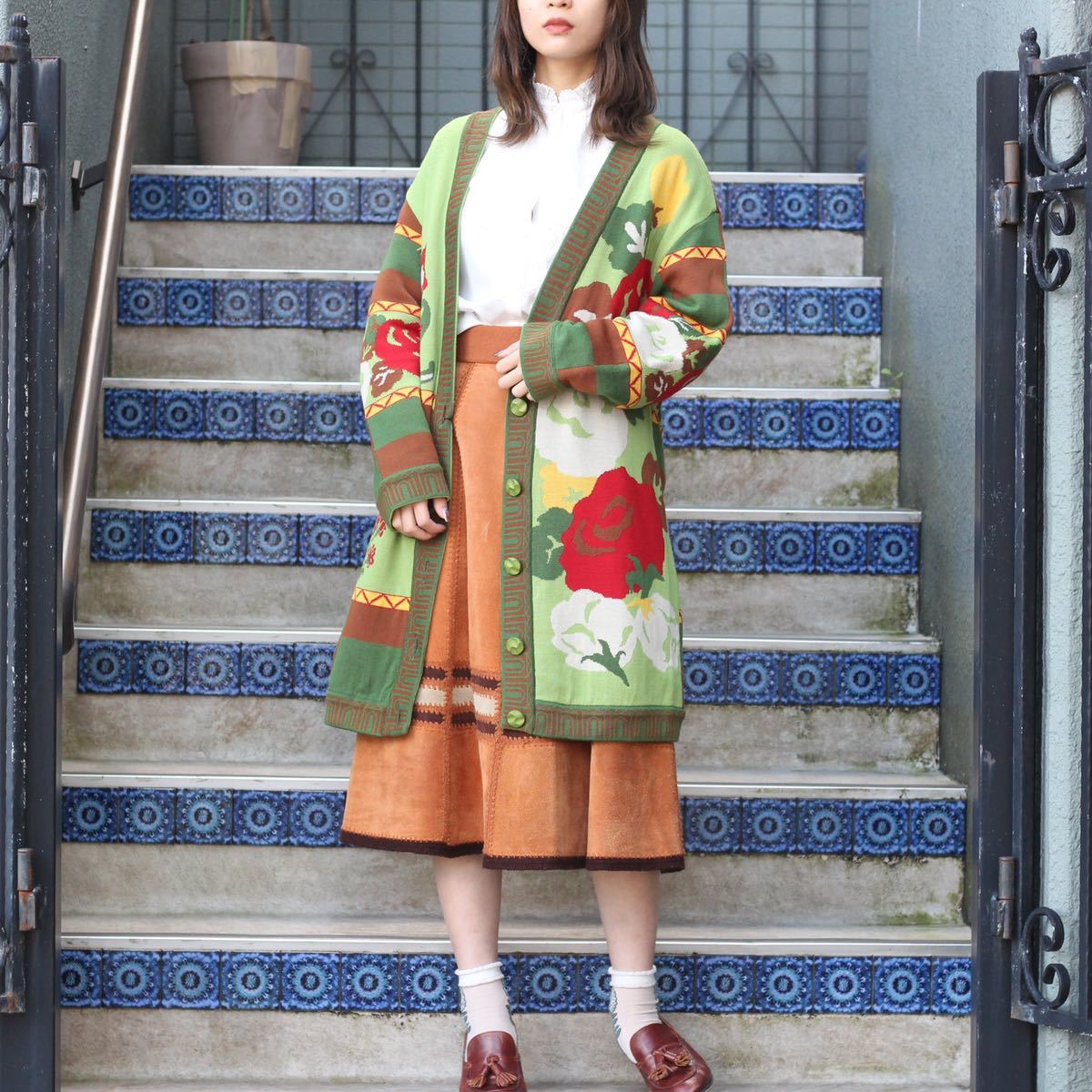 RETRO VINTAGE Vamos FLOWER DESIGN LONG CARDIGAN/レトロ古着お花デザインロングカーディガン