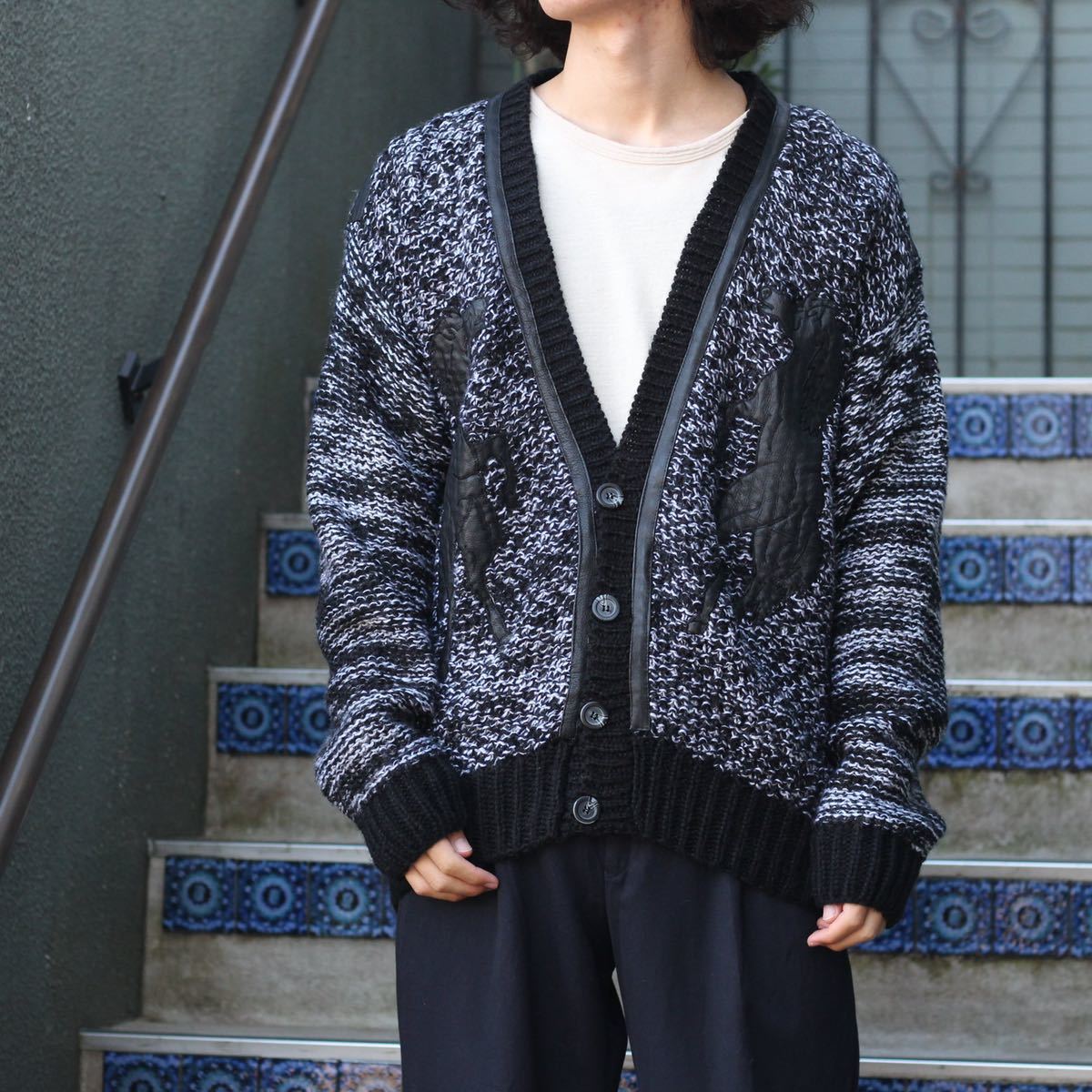 *SPECIAL ITEM* USA VINTAGE HORSE DESIGN LEATHER SWITCHED KNIT CARDIGAN/アメリカ古着お馬デザインレザー切替ニットカーディガン