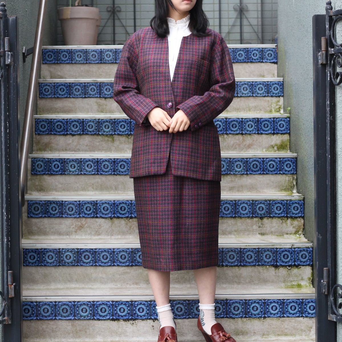 RETRO VINTAGE JAMJAM CHECK PATTERNED NO COLLAR SET UP/レトロ古着チェック柄ノーカラーセットアップ