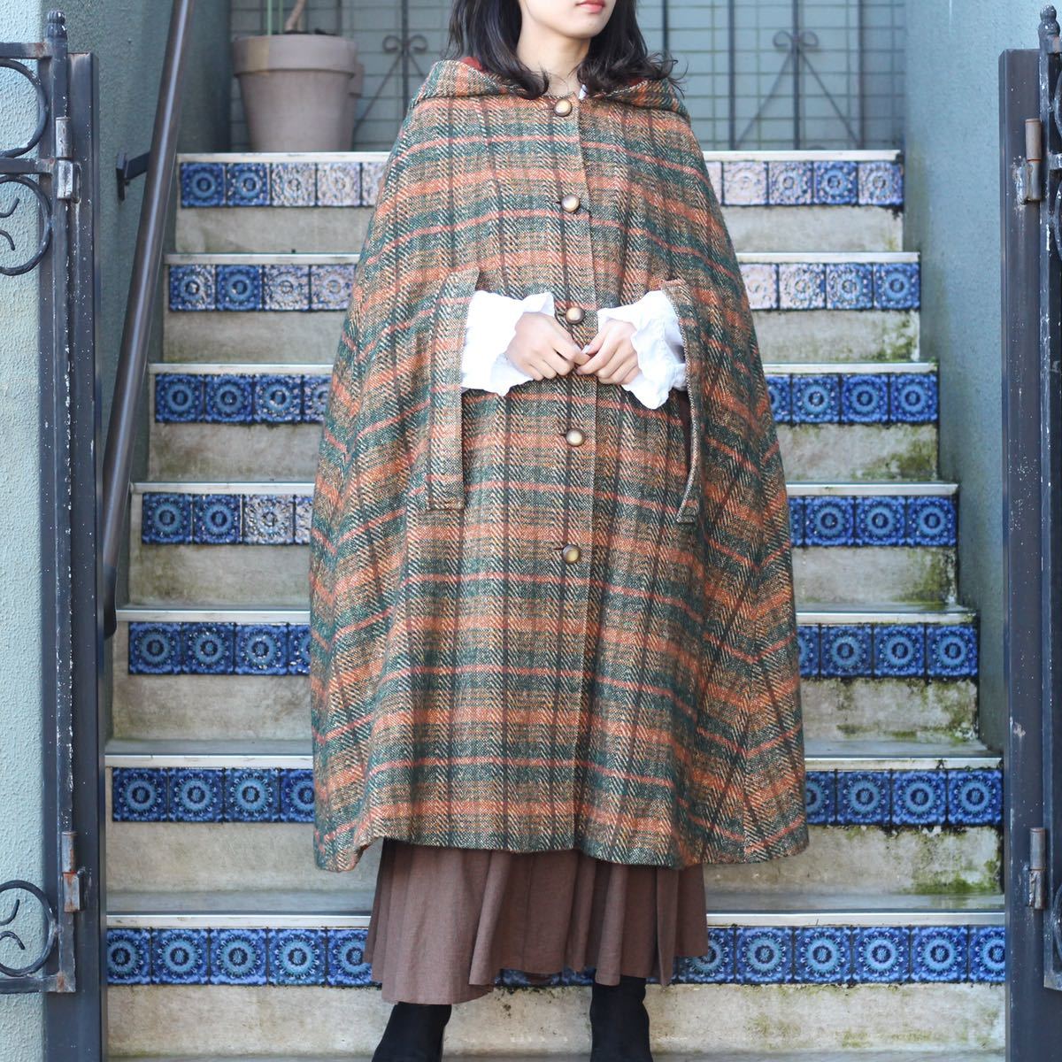 EU VINTAGE CHECK PATTERNED WOOL FOODED CAPE COAT PONCHO/ヨーロッパ