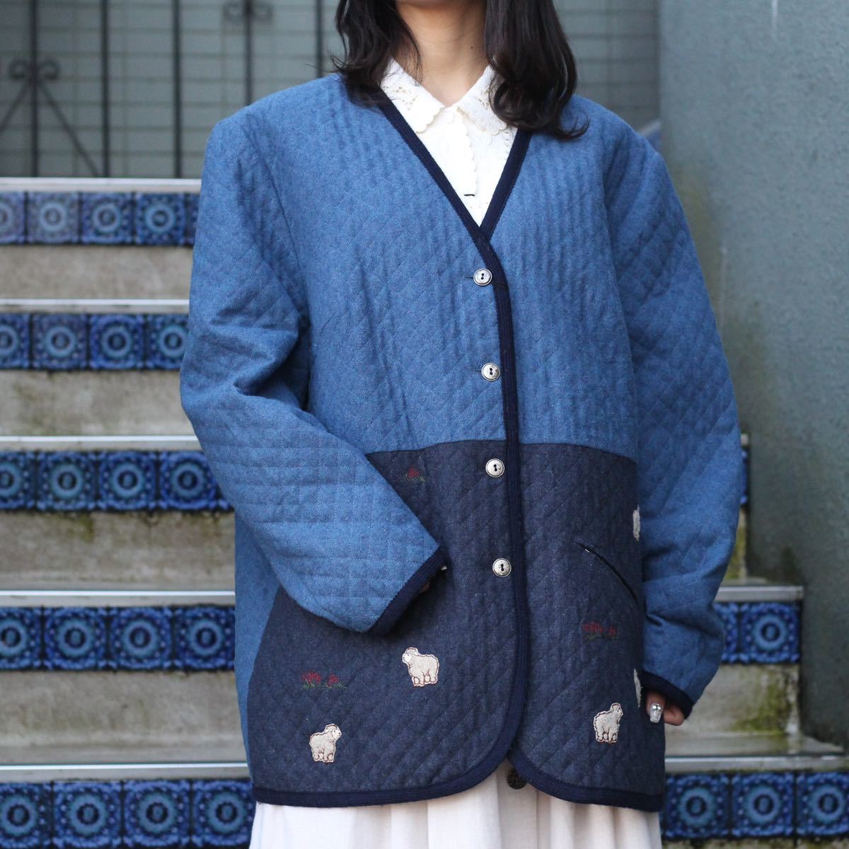 EU VINTAGE BARISAL SHEEP DESIGN WOOL QUILTING JACKET/ヨーロッパ古着ヒツジデザインウールキルティングジャケット