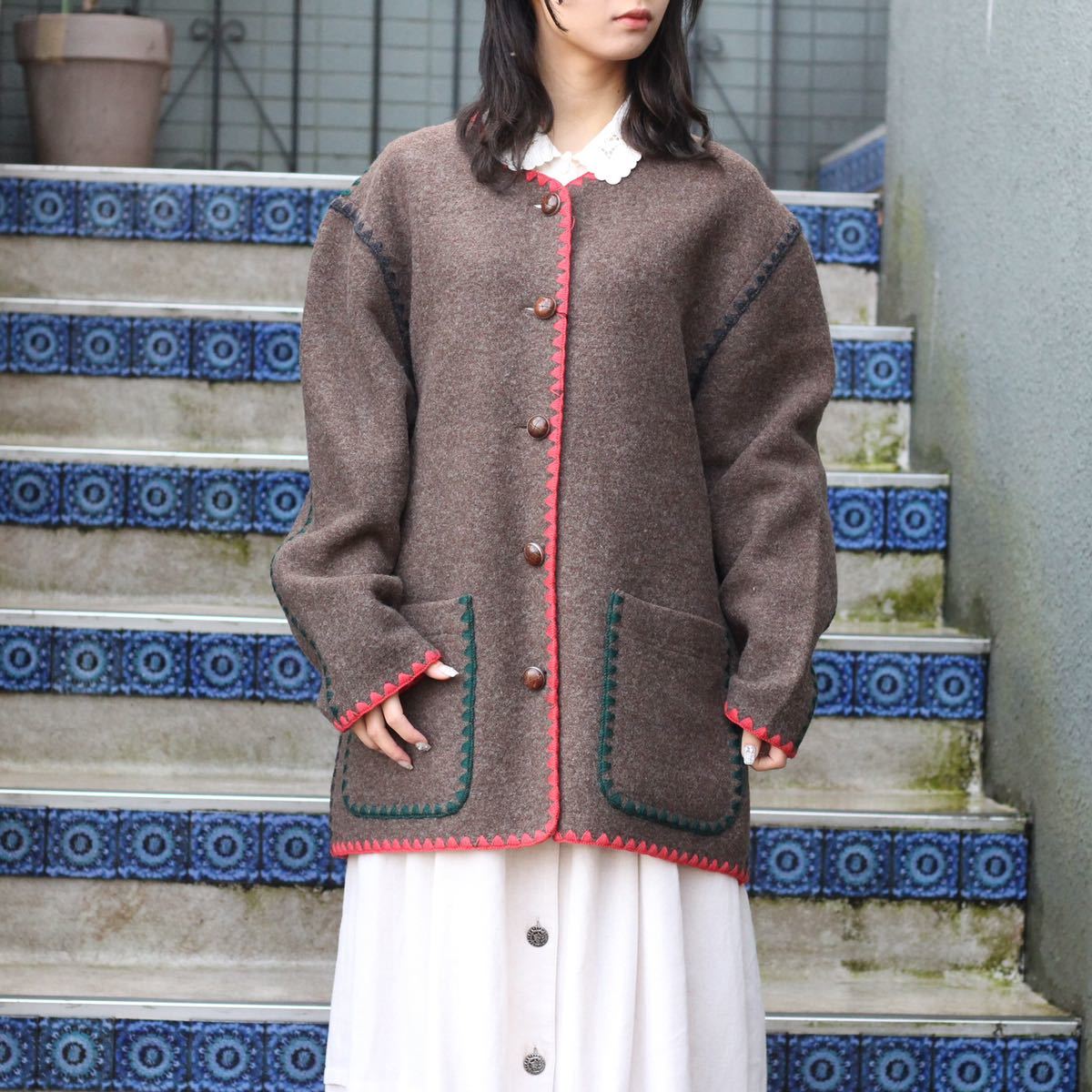 EU VINTAGE Sylvia PIPING DESIGN TYROLEAN WOOL JACKET MADE IN  AUSTRIA/ヨーロッパ古着パイピングデザインチロリアンウールジャケット