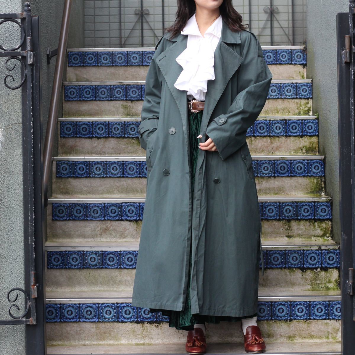 名作 COLOR GREEN FOG LONDON FROM TOWNE VINTAGE USA BELTED COAT