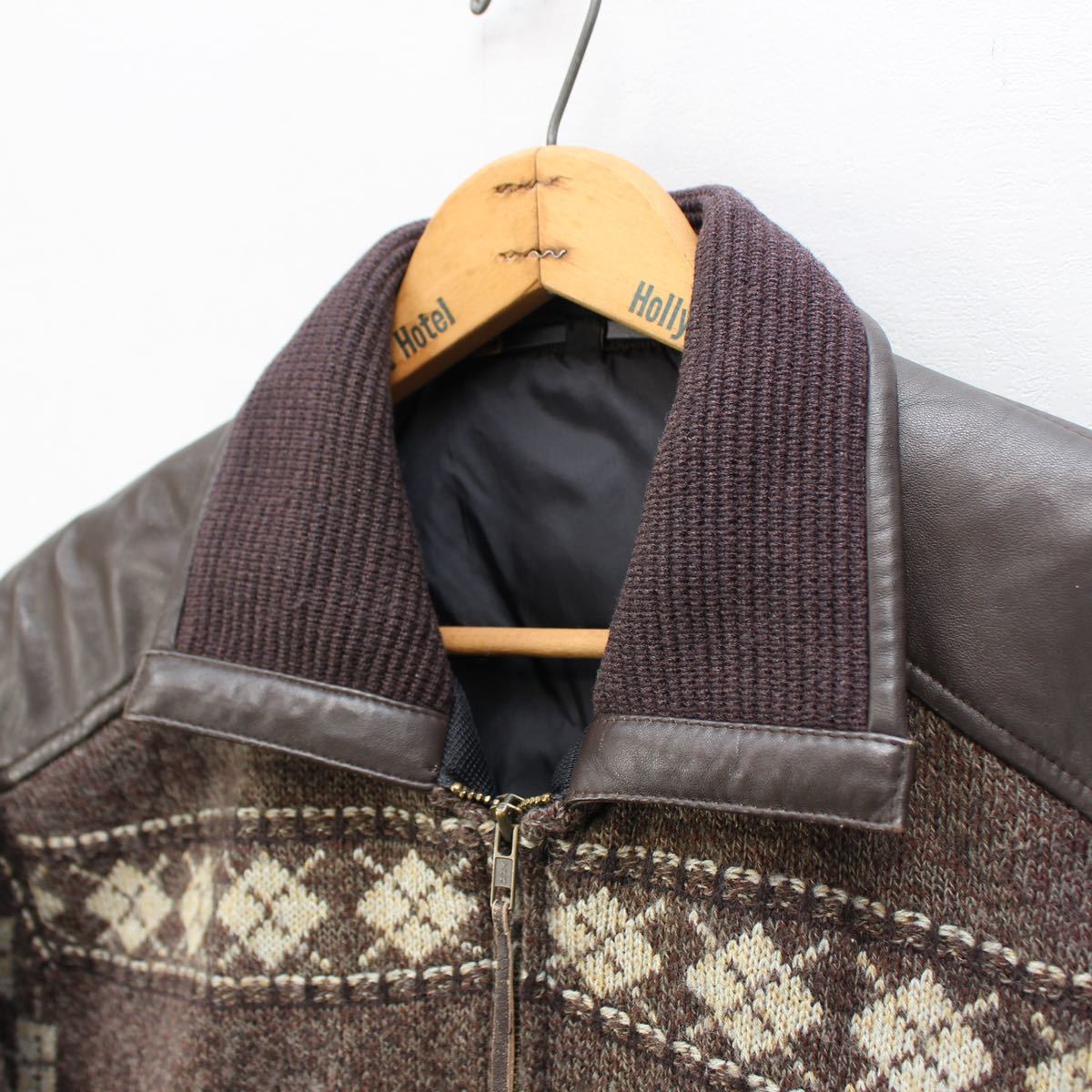 EU VINTAGE C&A NORDIC PATTERNED LEATHER KNIT ZIP BLOUSON/ヨーロッパ古着ノルディック柄レザーニットジップブルゾン