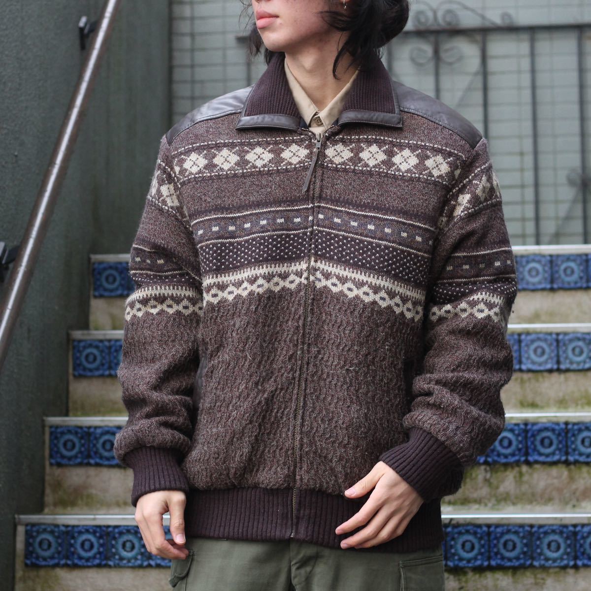 EU VINTAGE C&A NORDIC PATTERNED LEATHER KNIT ZIP BLOUSON/ヨーロッパ古着ノルディック柄レザーニットジップブルゾン