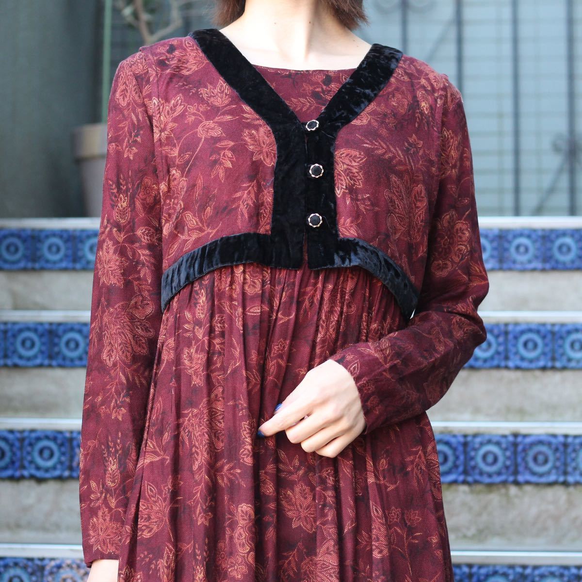 USA VINTAGE MOLLY MALLOY FLOWER PATTERNED LAYARD DESIGN LONG ONE  PIECE/アメリカ古着花柄レイヤードデザインロングワンピース