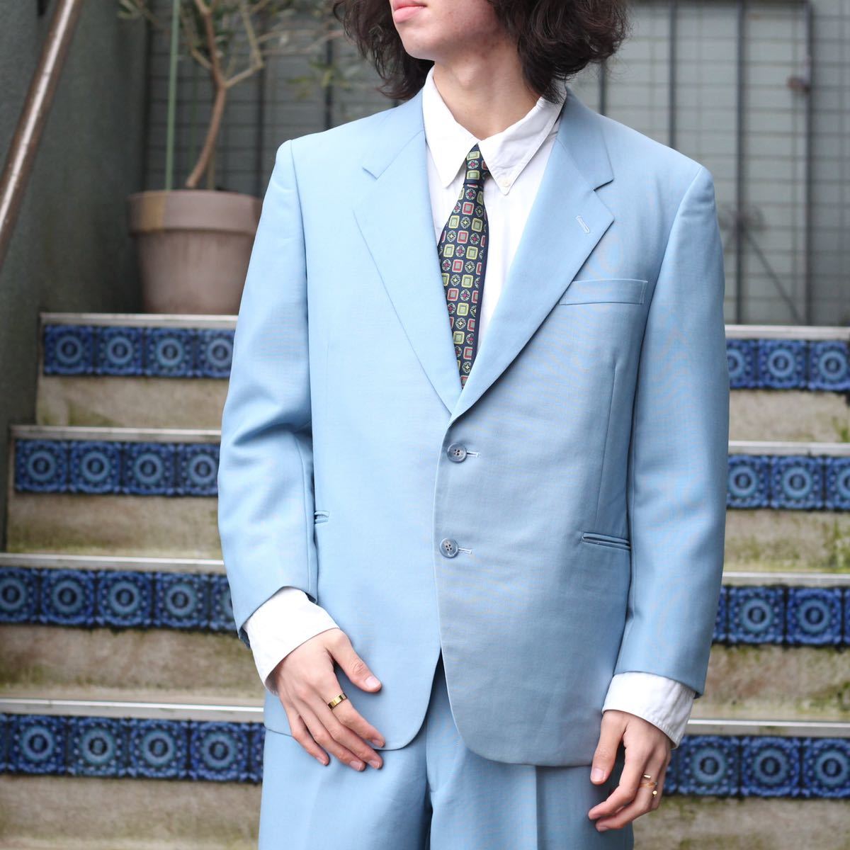 RETRO VINTAGE Urban Three BLUE COLOR DESIGN SET UP  SUIT/レトロ古着ブルーカラーデザインセットアップスーツ