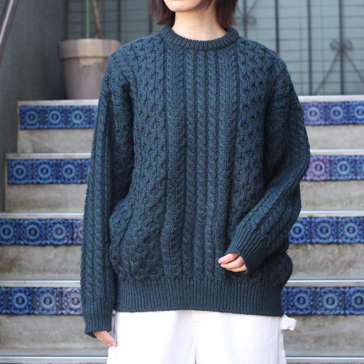 EU VINTAGE CABLE DESIGN FISHERMAN KNIT/ヨーロッパ古着ケーブルデザインフィッシャーマンニット(アランニット)