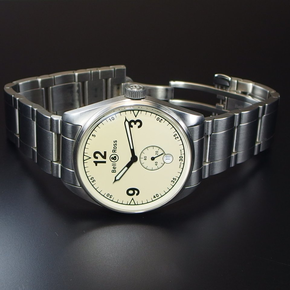 【希少モデル】 Bell＆Ross ベル＆ロス VINTAGE SS ステンレスブレス スモセコ アイボリー 文字盤 デイト メンズ 腕時計 「20436」_画像5