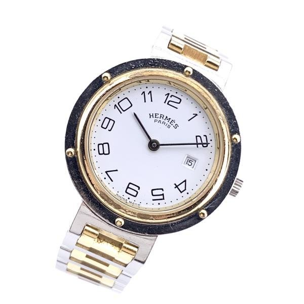 HERMES エルメス 腕時計 クリッパー 白文字盤 2針 デイト カレンダー 日付 白文字盤 クオーツ ボーイズ レディース SS/GP  管理RY22004802 アクセサリー、時計 ブランド腕時計 エルメス