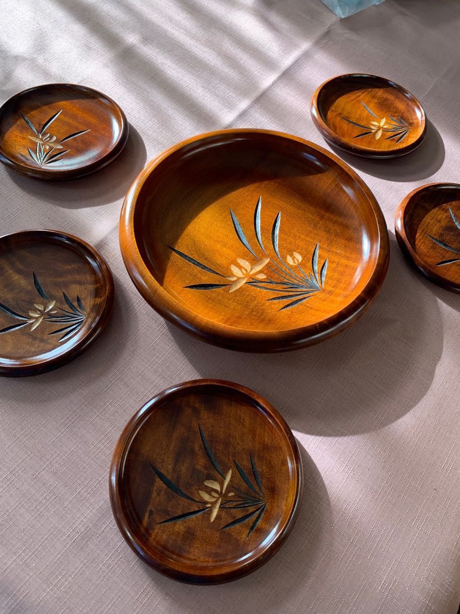 昭和レトロ　木づかいの器 yama craft 菓子入れ　菓子皿　６枚セット 天然木 漆器　アンティーク