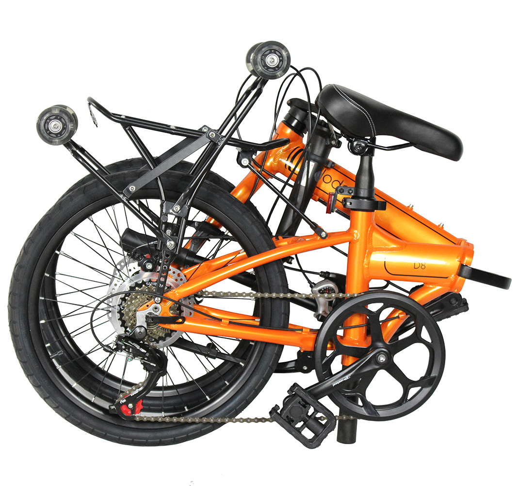 20インチ折りたたみ自転車 アルミ 前後Dブレーキ SHIMANO7段変速リアキャリア付き荷物の運ぶ便利プッシュプーリー付きfolding bikeオレンジ_画像3