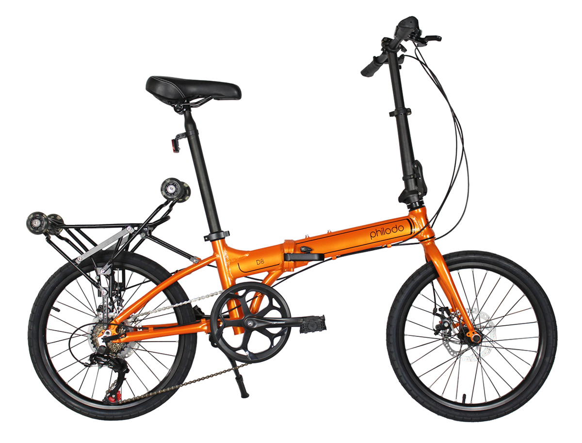 20インチ折りたたみ自転車 アルミ 前後Dブレーキ SHIMANO7段変速リアキャリア付き荷物の運ぶ便利プッシュプーリー付きfolding bikeオレンジ