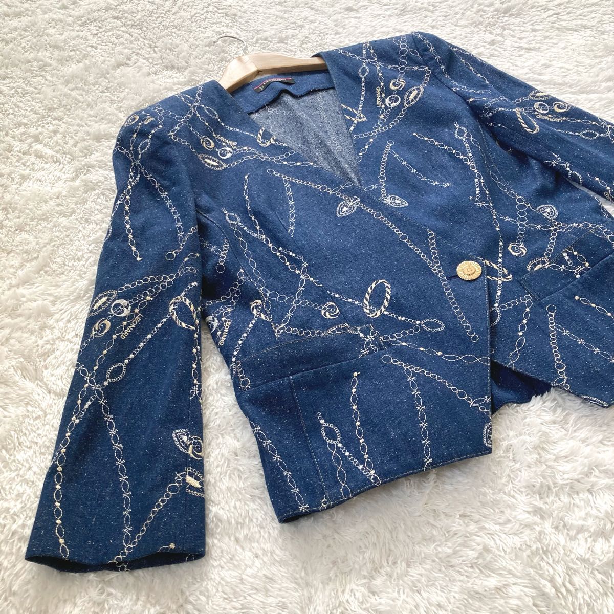 美品】レオナール ノーカラー ジャケット デニムジャケット シルク100