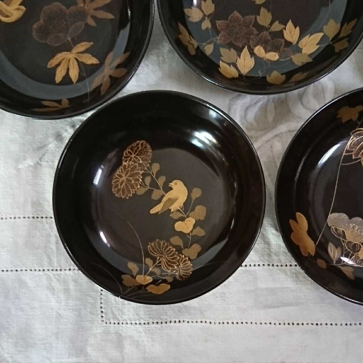 輪島塗 銘々皿 5枚 草花鳥蒔絵 蒔絵 金蒔絵 黒漆 菓子皿 和骨董