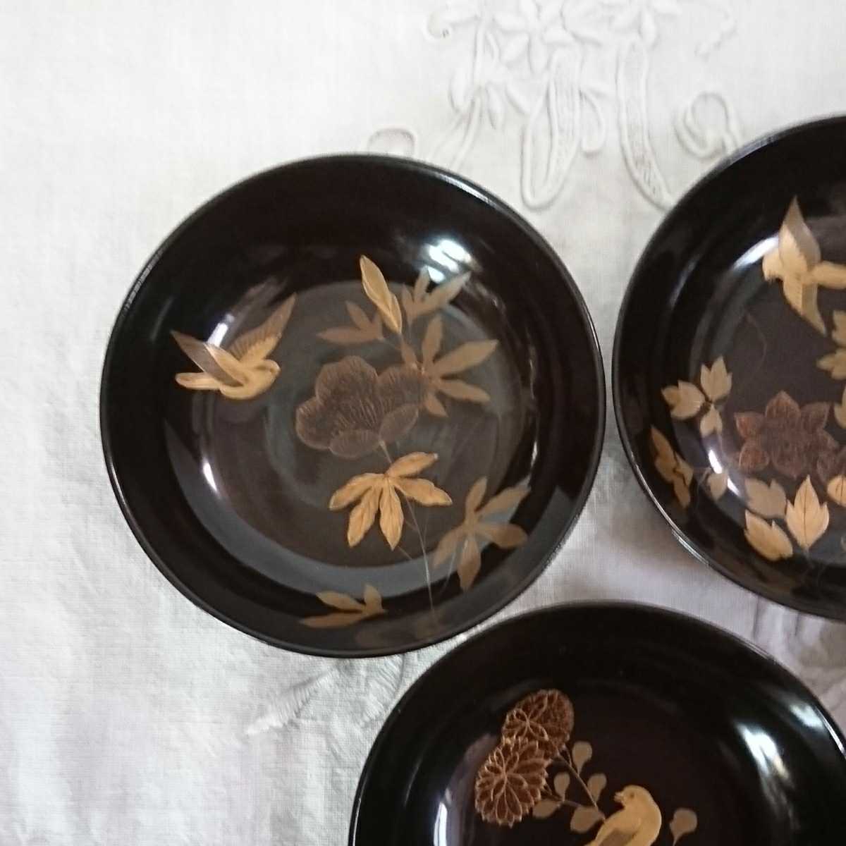 輪島塗 銘々皿 5枚 草花鳥蒔絵 蒔絵 金蒔絵 黒漆 菓子皿 和骨董
