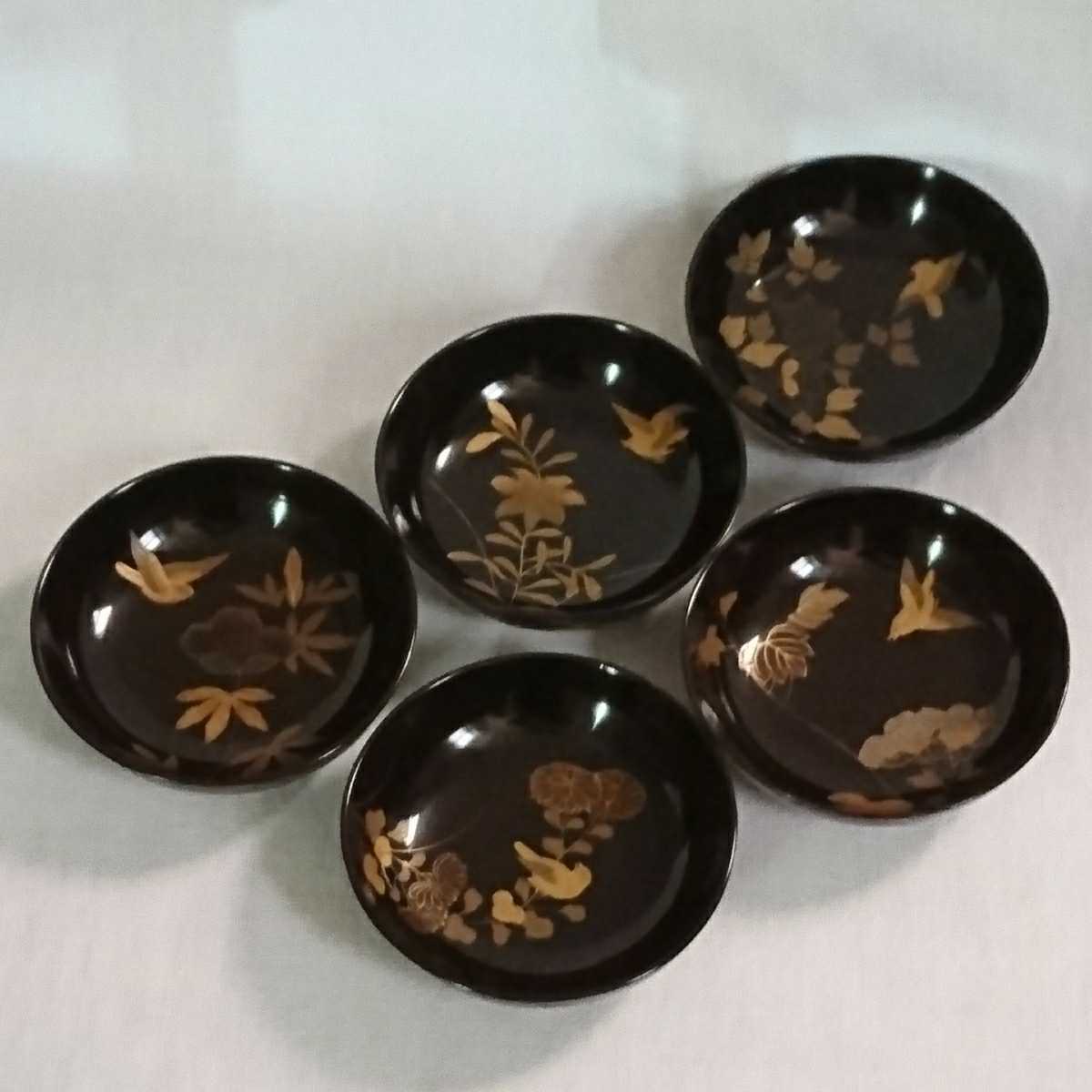 輪島塗 銘々皿 5枚 草花鳥蒔絵 蒔絵 金蒔絵 黒漆 菓子皿 和骨董