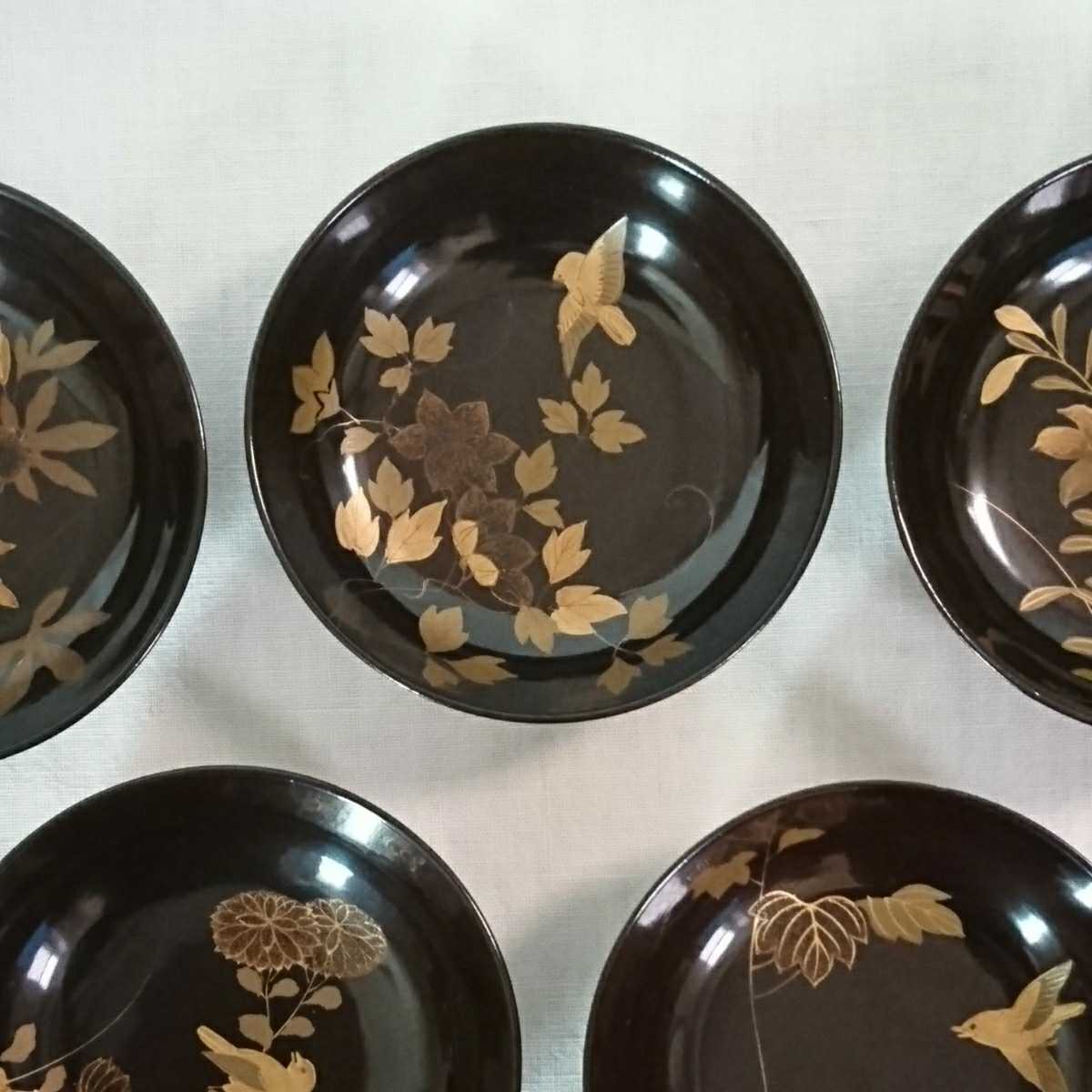 輪島塗 銘々皿 5枚 草花鳥蒔絵 蒔絵 金蒔絵 黒漆 菓子皿 和骨董