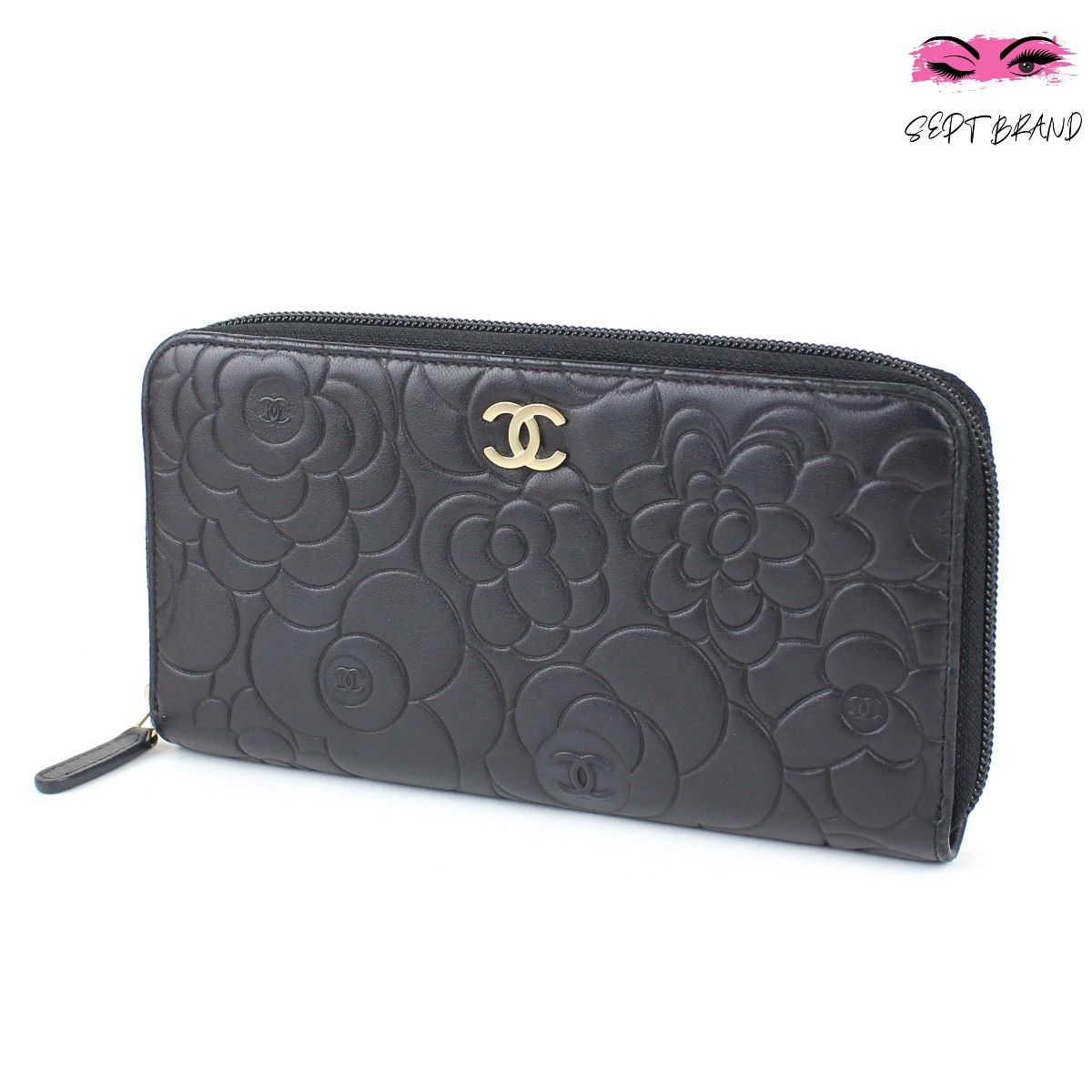 美品!CHANEL カメリア 長財布黒 ブラック ラムスキン-