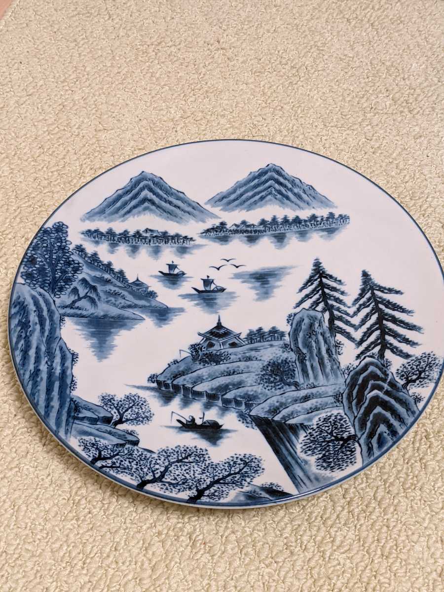 ☆送料込み☆ 華山窯華山造山水画大皿染付飾り皿古伊万里有田焼骨董