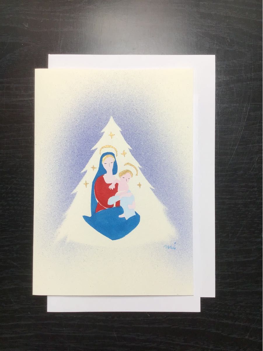 グリーティング/クリスマスカード/メッセージカード。封筒付き/聖母子/手描き/水彩絵の具/ステンシル版画 