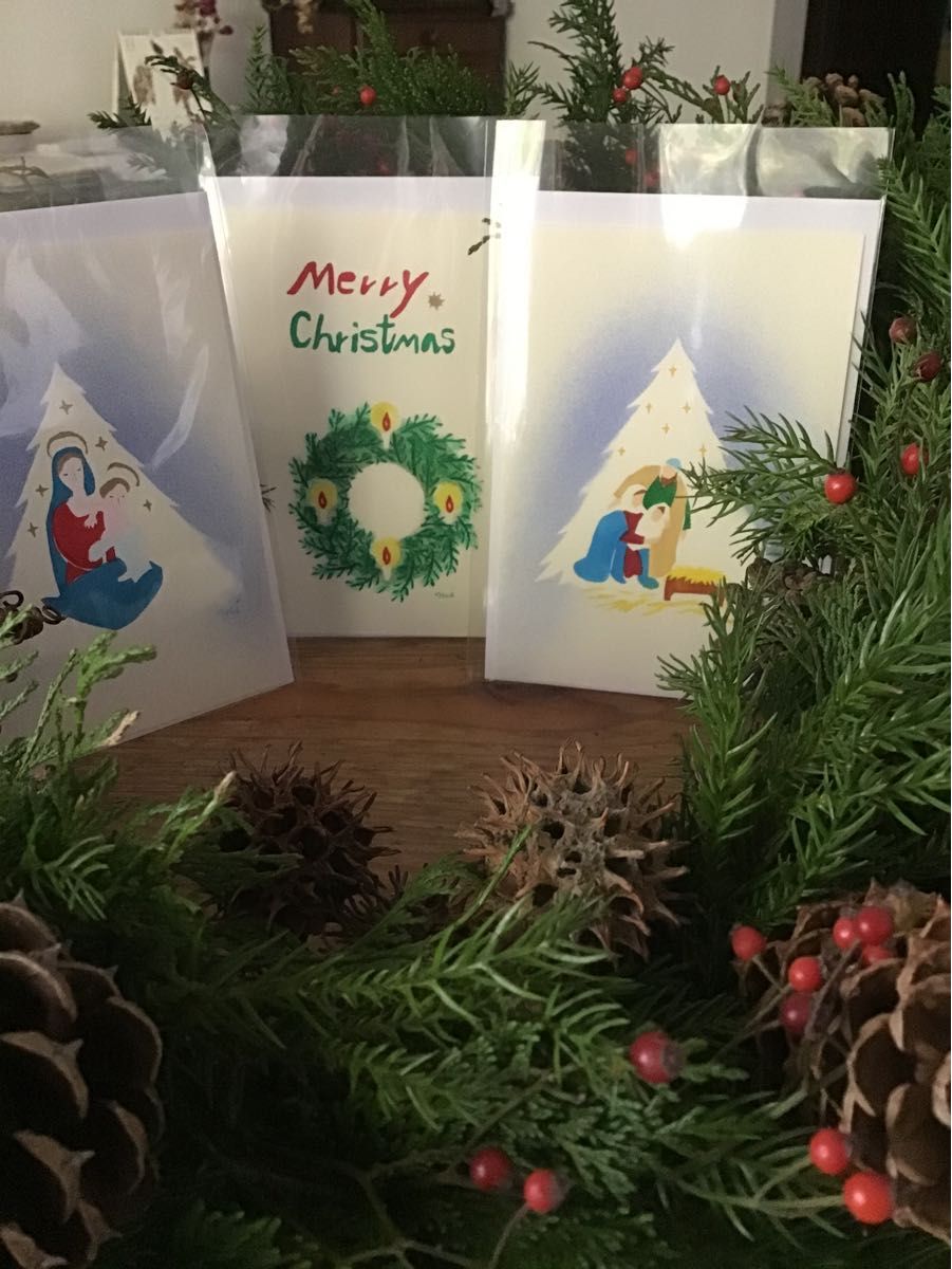 グリーティングカード/クリスマスカード/三点セット/聖母子、聖家族、クリスマスリース/メッセージ紙、封筒付き/手作り版画