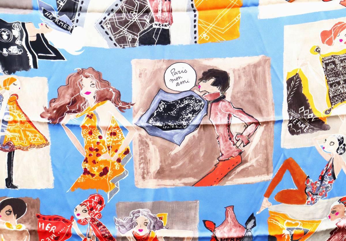 【送料無料】美品 HERMES エルメス カレ70 スペシャルカレ Paris mon ami パリモナミ シルクスカーフ ファッション 22-6139_画像7