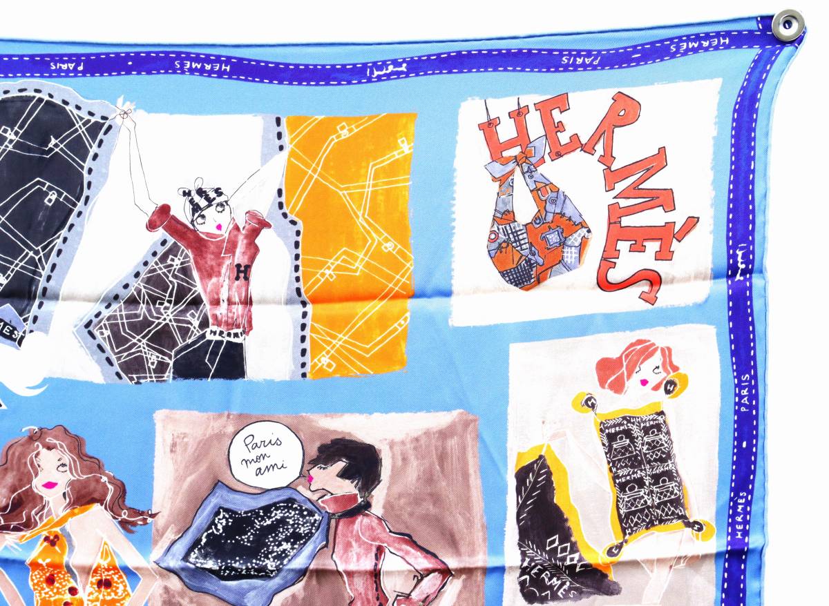 【送料無料】美品 HERMES エルメス カレ70 スペシャルカレ Paris mon ami パリモナミ シルクスカーフ ファッション 22-6139_画像4