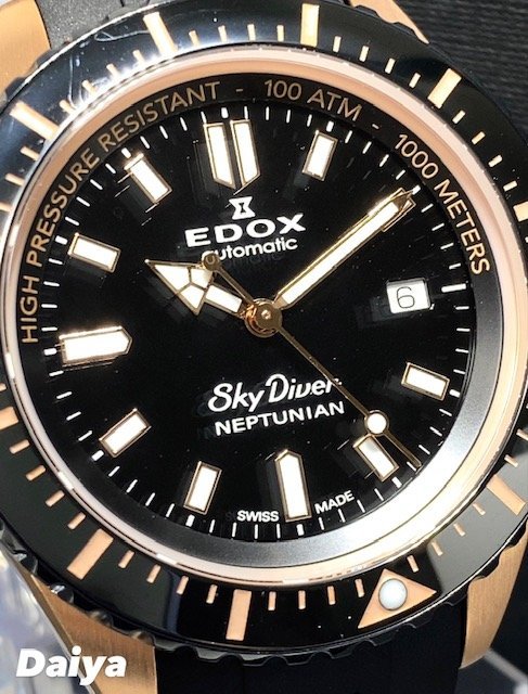 新品 EDOX エドックス 正規品 腕時計 スカイダイバー ネプチュニアン 自動巻き ラバー オートエスケープバルブ 100気圧防水 ブラック