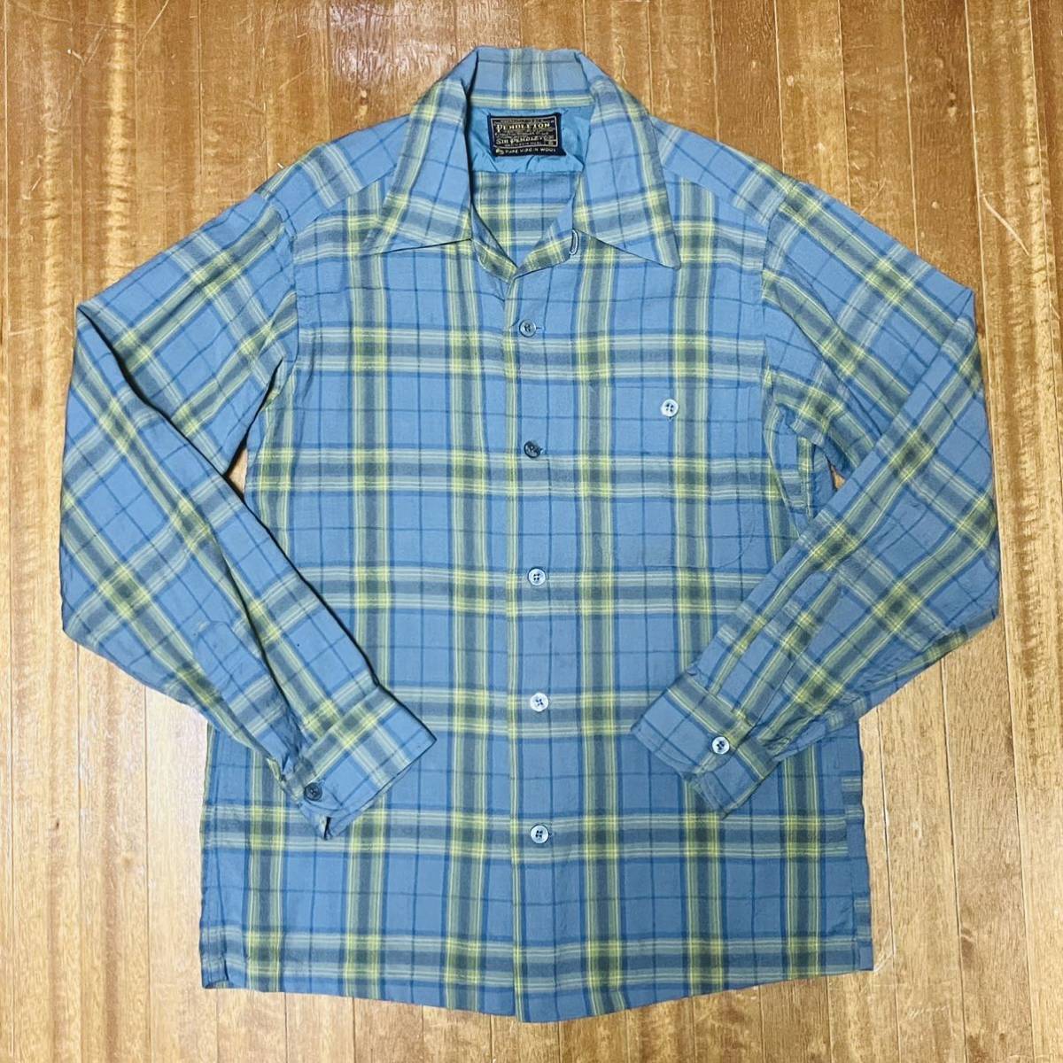 高級ライン PENDLETON ペンドルトン ウールシャツ Sサイズ 開襟 オープンカラー ボックスタイプ ブルーグレー チェック 60s ビンテージ_画像1