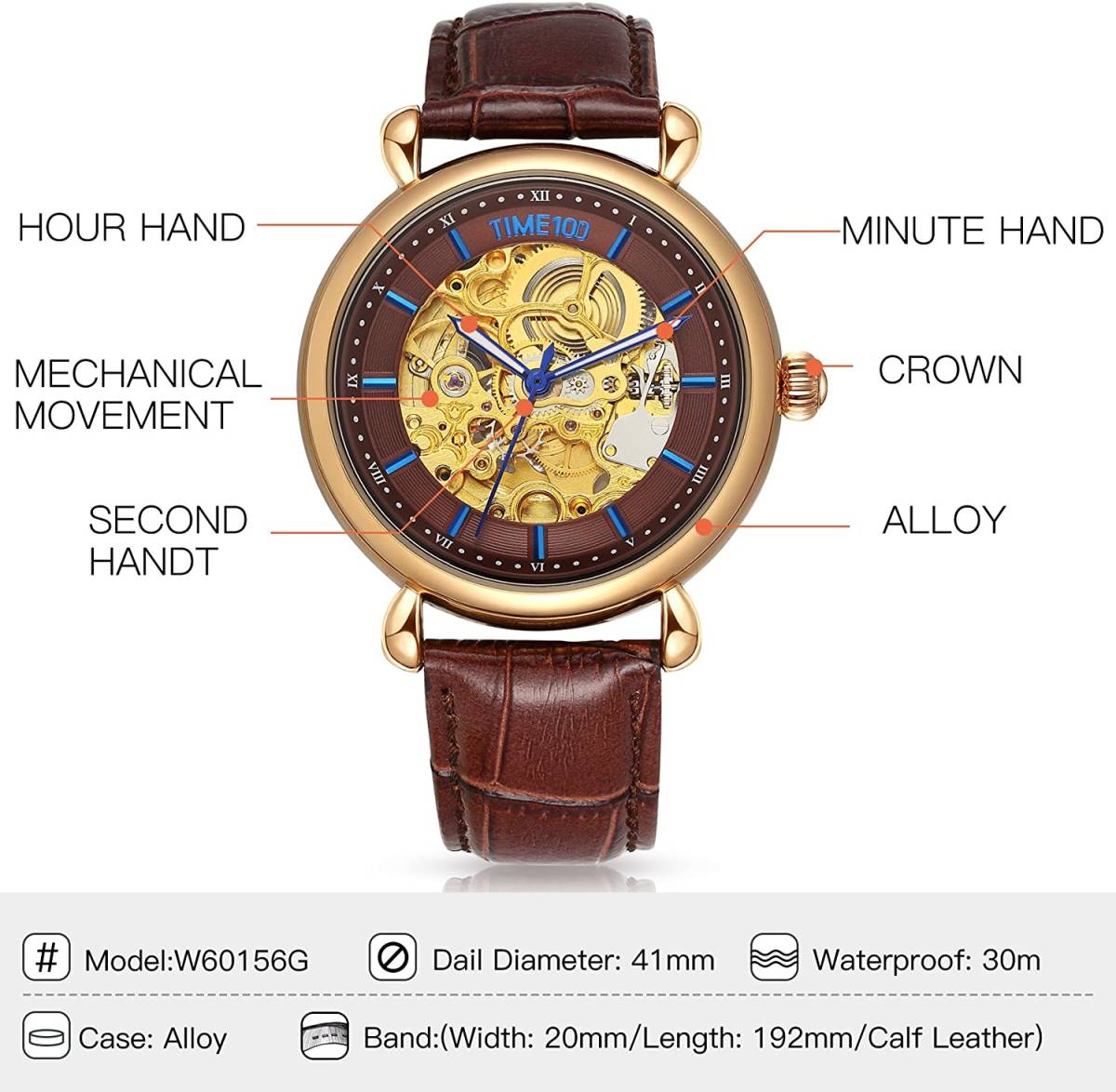 高品質な スケルトン 腕時計 機械式 自動巻き ブラウン 本革ベルト メンズ おしゃれ ウォッチ カジュアル アナログ アンティーク 男性
