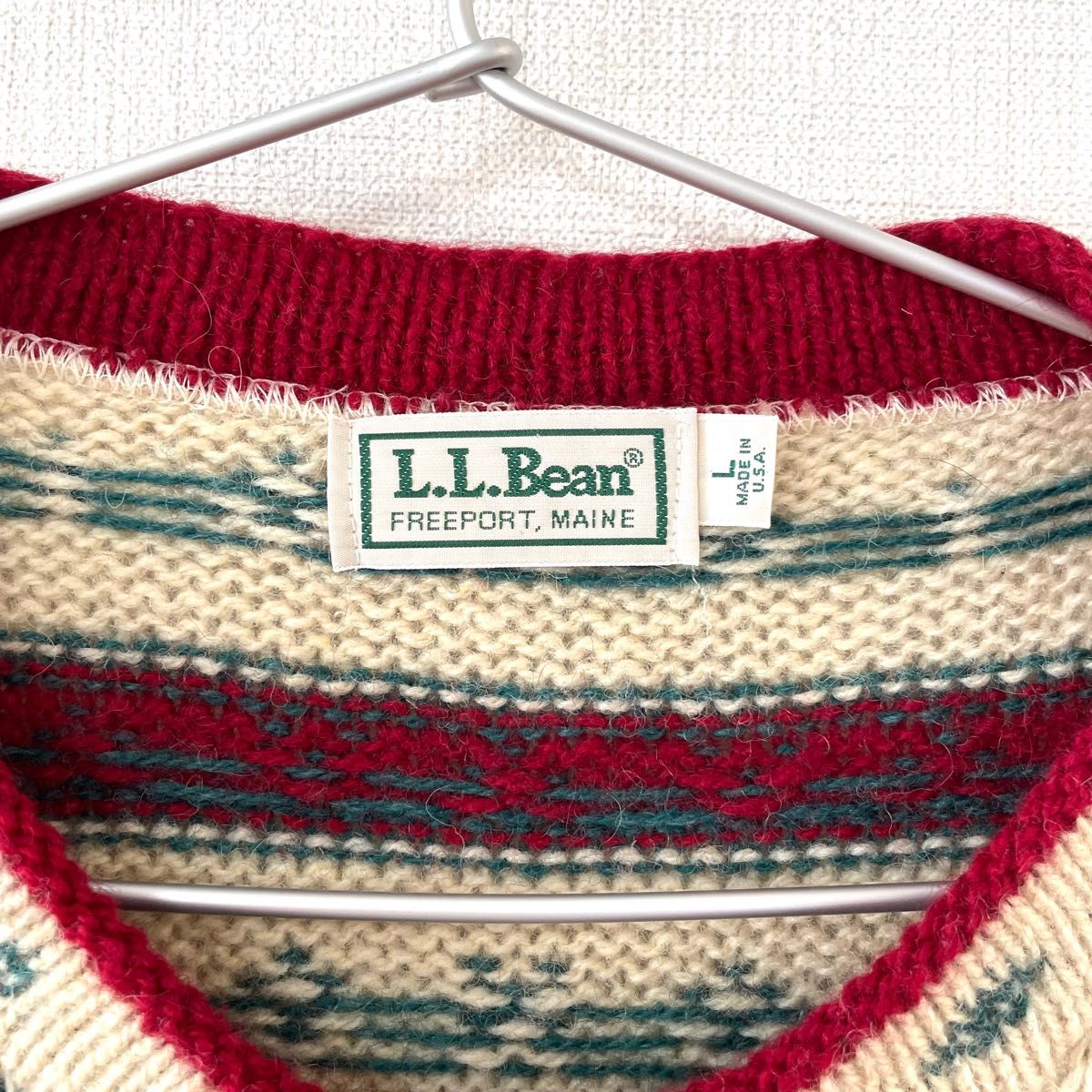 L.L.Bean｜メタルフック　アイボリー カーディガン チロリアンニット　ノルウェーニット　USA製