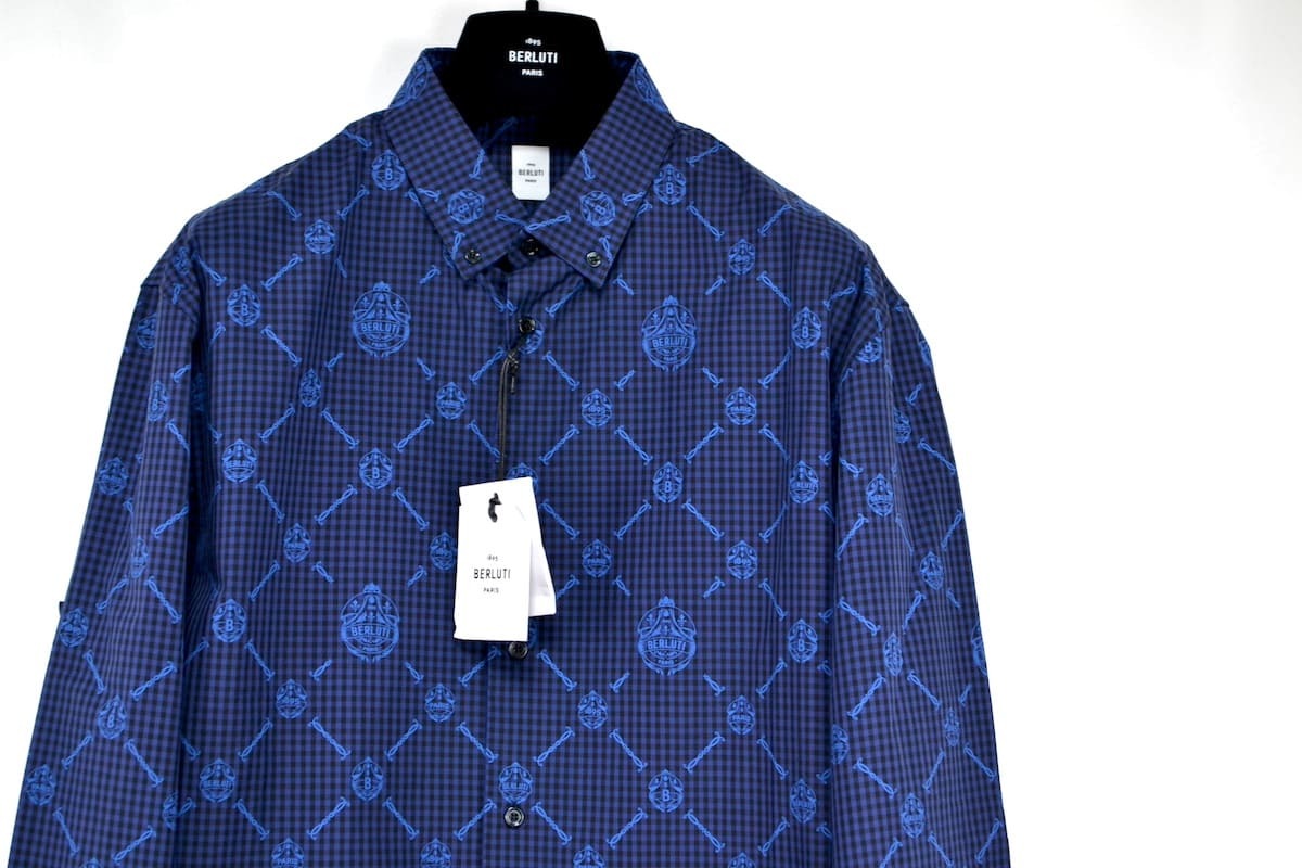 新品 Berluti Signature Check Casual Shirt ベルルッティ プリント シグネチャー カジュアル シャツ ダークインディゴ R39 コットン100%_画像2