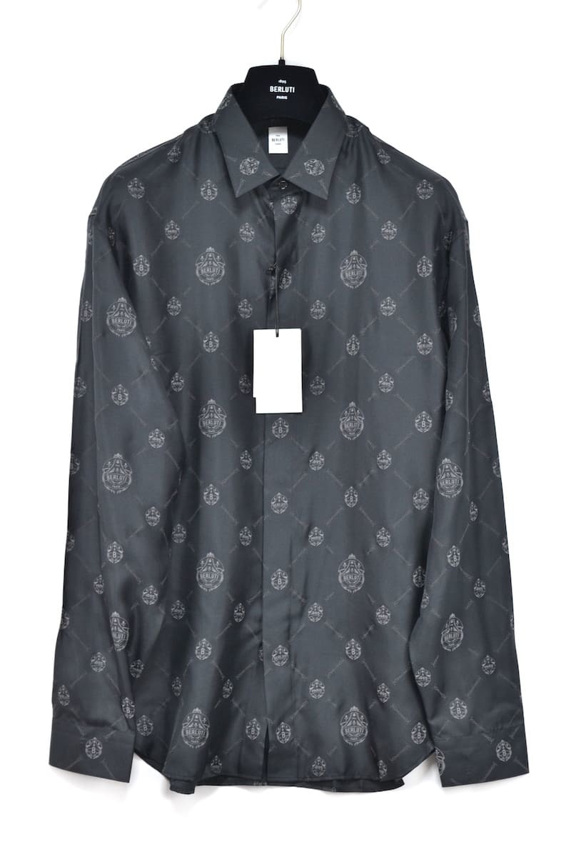 新品 Berluti Signature Silk Shirt Noir ベルルッティ プリント シグネチャー シルク シャツ サイズR41