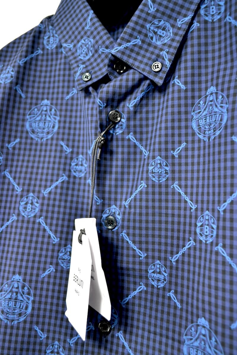 新品 Berluti Signature Check Casual Shirt ベルルッティ プリント シグネチャー カジュアル シャツ ダークインディゴ R39 コットン100%_画像3