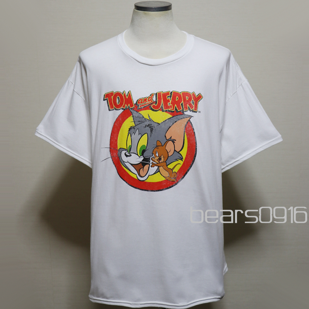 アメリカ購入 新品 TOM AND JERRY トムとジェリー ラウンドフレーム柄 プリント Tシャツ 白 XL