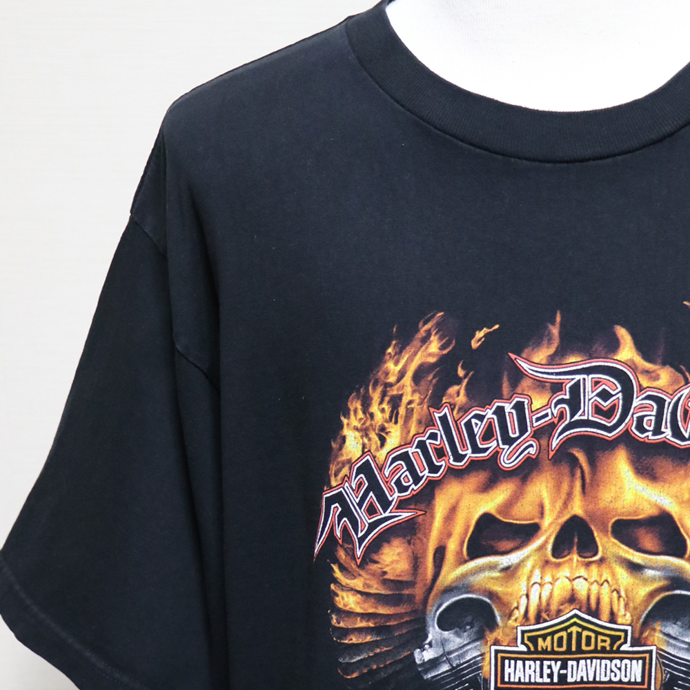 アメリカ購入 USED品 Harley-Davidson ハーレーダビッドソン ファイヤースカル＆エンブレム FL 両面プリント MADE IN USA Tシャツ 黒2XL_画像2