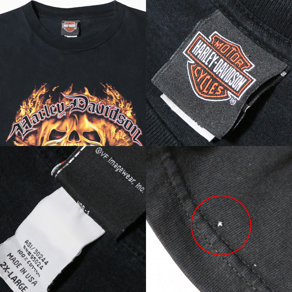 アメリカ購入 USED品 Harley-Davidson ハーレーダビッドソン ファイヤースカル＆エンブレム FL 両面プリント MADE IN USA Tシャツ 黒2XL_画像10