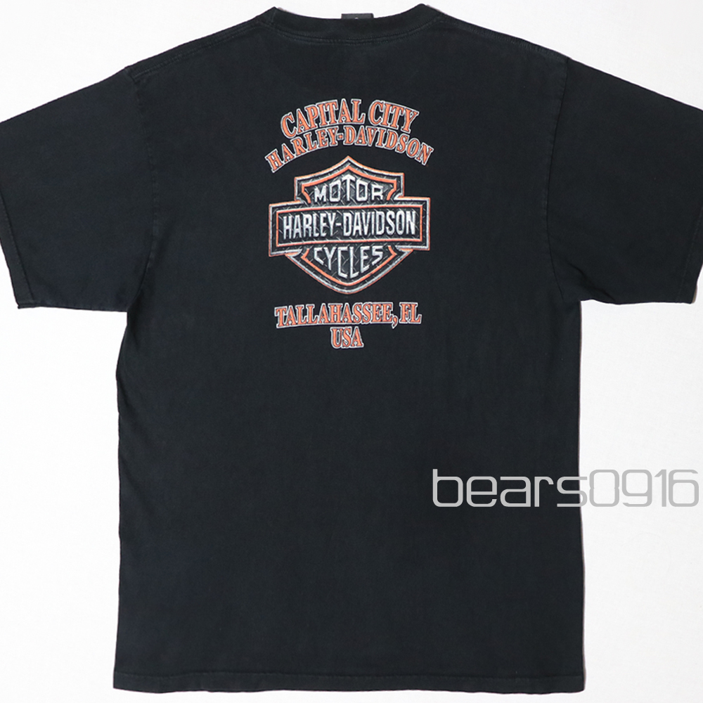 アメリカ購入 USED品 Harley-Davidson ハーレーダビッドソン ファイヤースカル＆エンブレム FL 両面プリント MADE IN USA Tシャツ 黒2XL_画像8