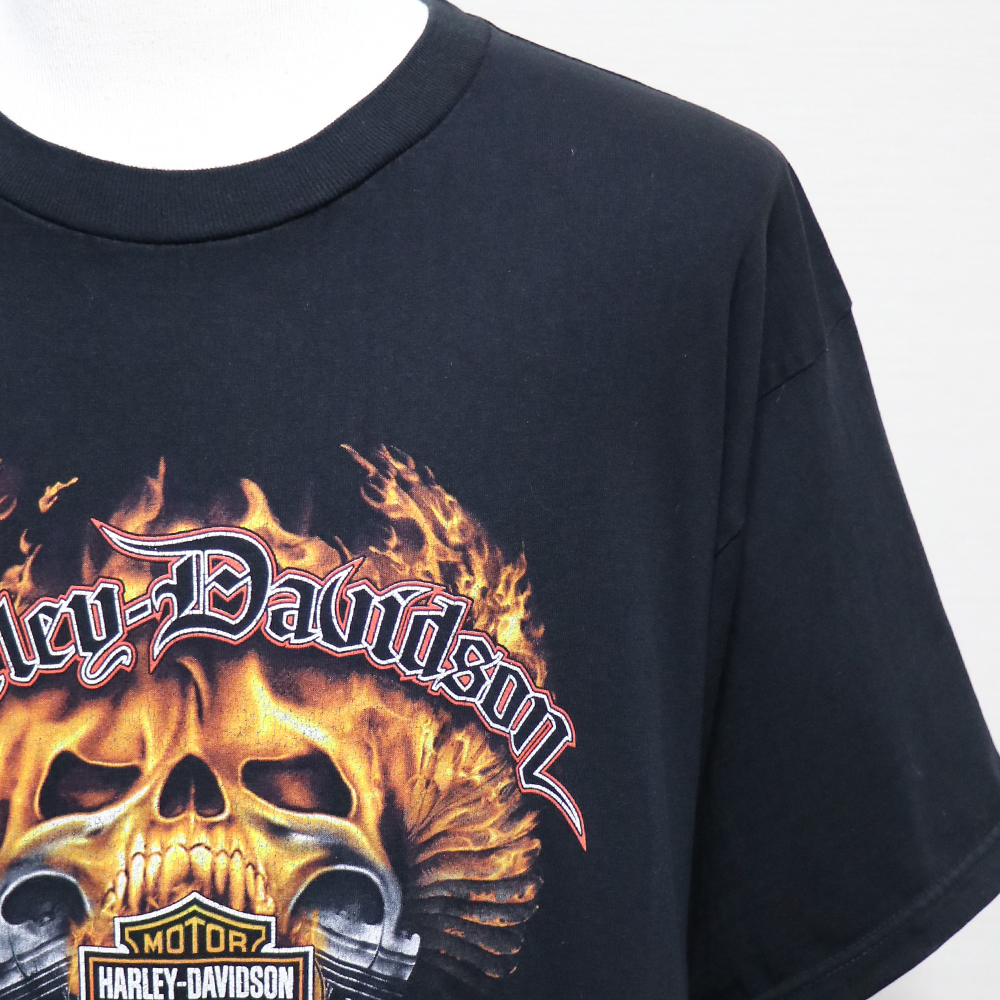 アメリカ購入 USED品 Harley-Davidson ハーレーダビッドソン ファイヤースカル＆エンブレム FL 両面プリント MADE IN USA Tシャツ 黒2XL_画像3