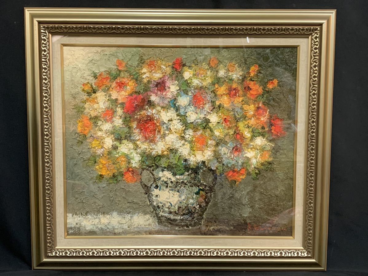 F20 大型絵画 渡部ひでき 「 薔薇 」 油彩 油絵 額装 額寸約76×88㎝ 真