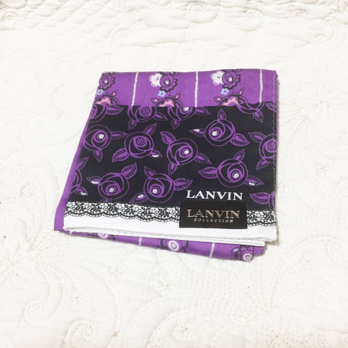 新品　シール付き　百貨店商品　LANVIN　紫　花柄　ハンカチ　綿１００％_画像1