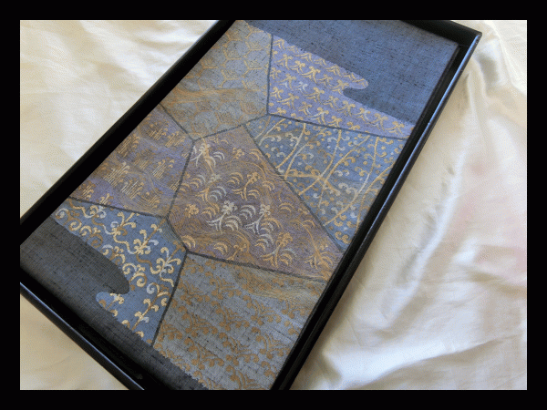 逸品 正絹 しょうざん 絹漉貴箔紬袋帯 裂取幾何学文様 藍鼠白金グレー