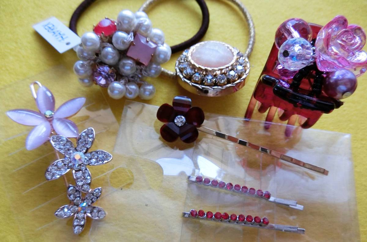 90%OFF! new goods * hair accessory put it together 7 piece hair elastic pin clip * wedding two next . party!6 pearl pink flower Kirakira 