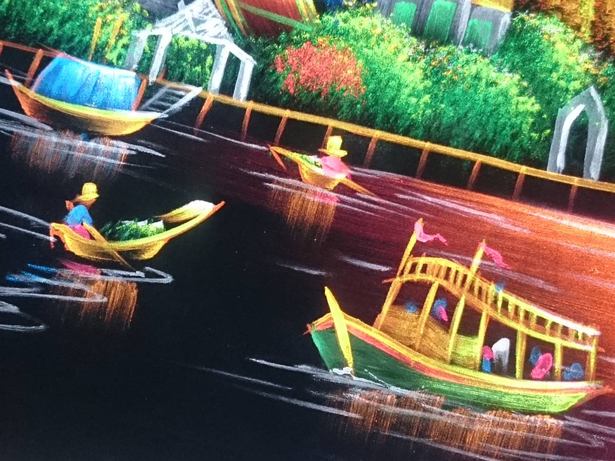 タイの絵 東南アジアの風景画 エスニック きれいな絵 エスニック 店舗内装 アジア雑貨 黒布に描かれた絵 サイズ約91×70㎝_画像6