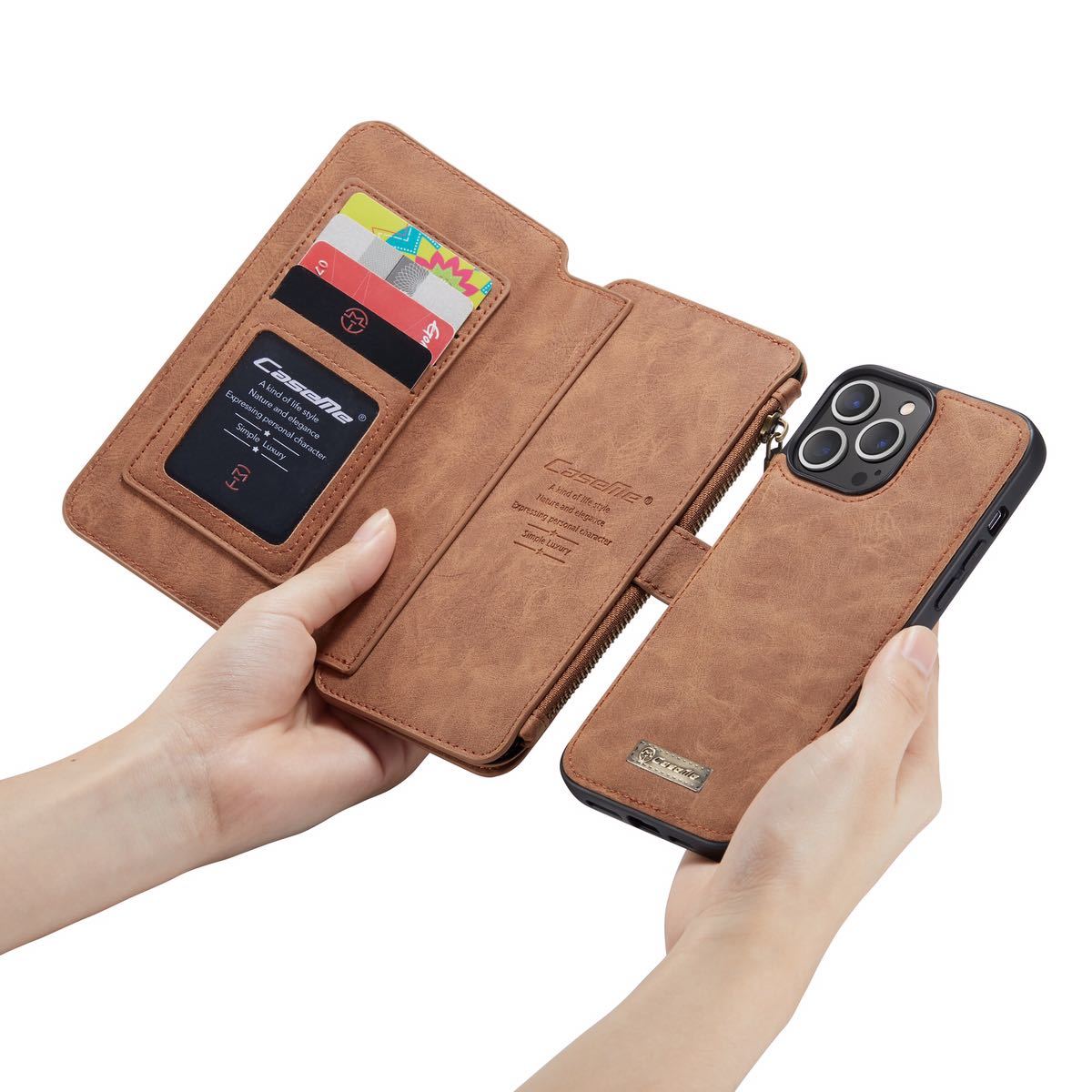 iPhone 13 Pro max レザーケース アイフォン13 プロ　マックス　ケース 手帳型 お財布付き カード収納 財布型　茶色