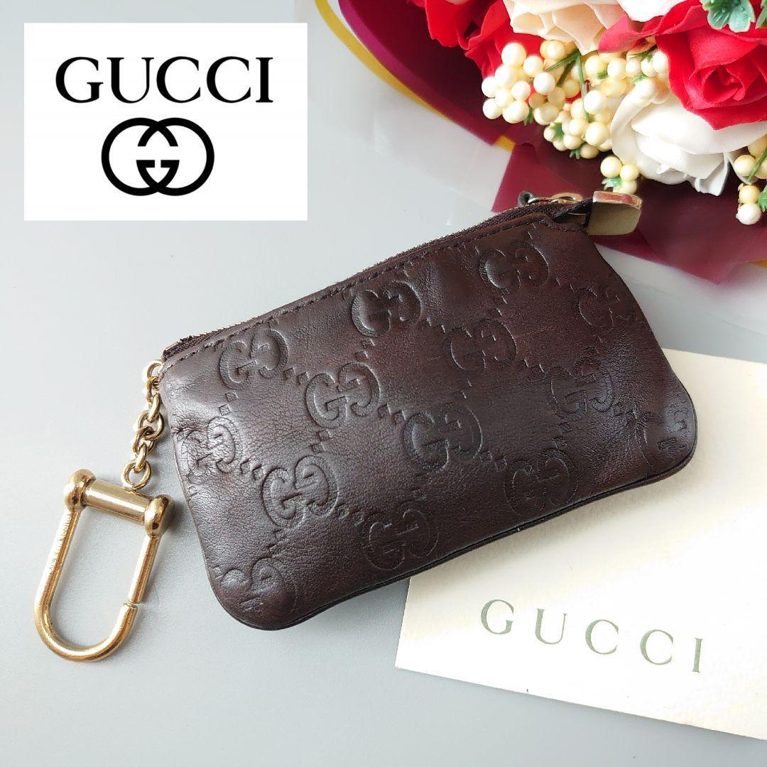 GUCCI グッチ コンパクトウォレット コインケース 小銭入れ キーケース キーリング 財布 ブラウン 茶 シマレザー 革 GG柄 ゴールド金具